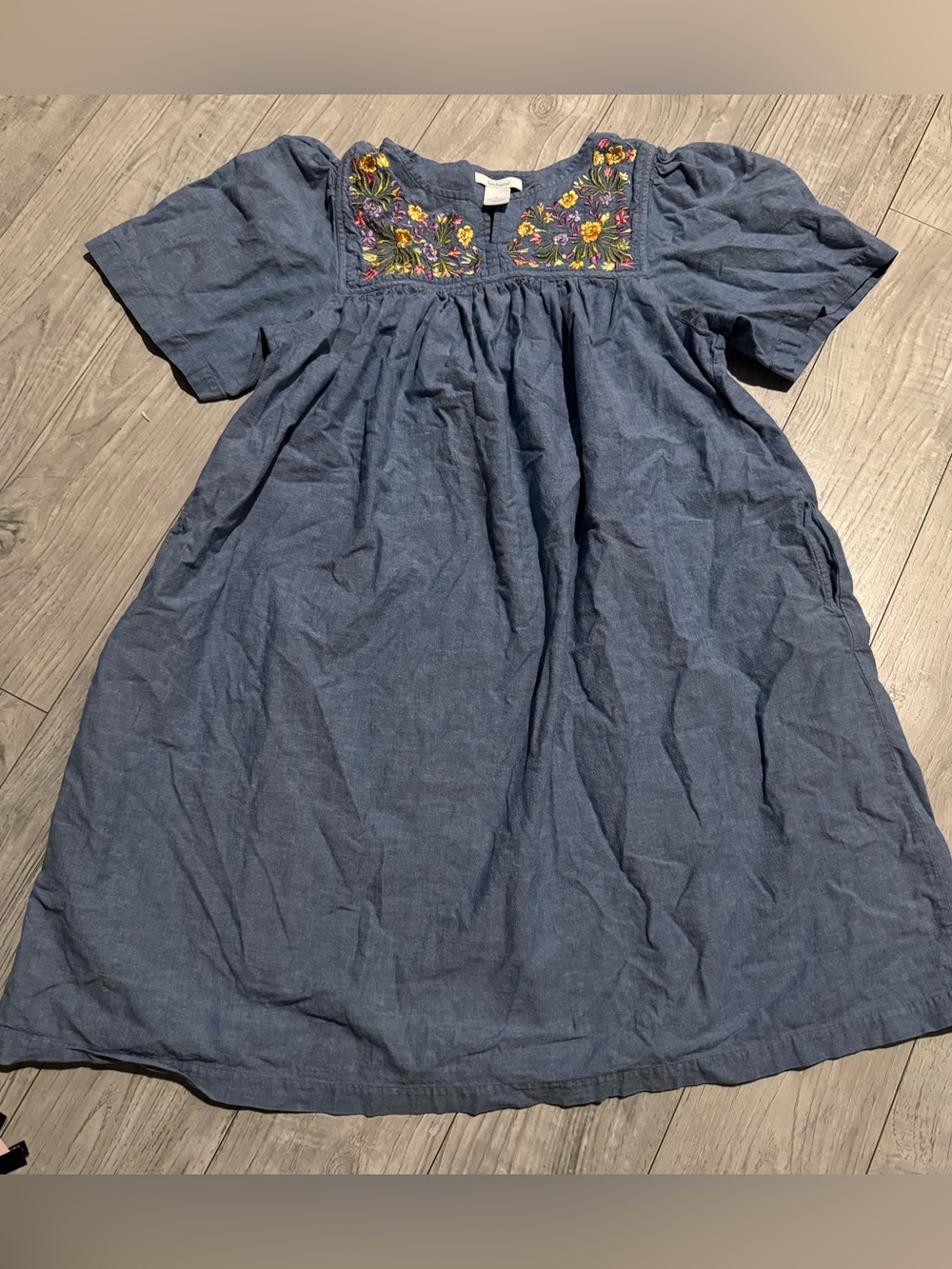 Bechamel Blue Chambray Dress with Floral Embroidery